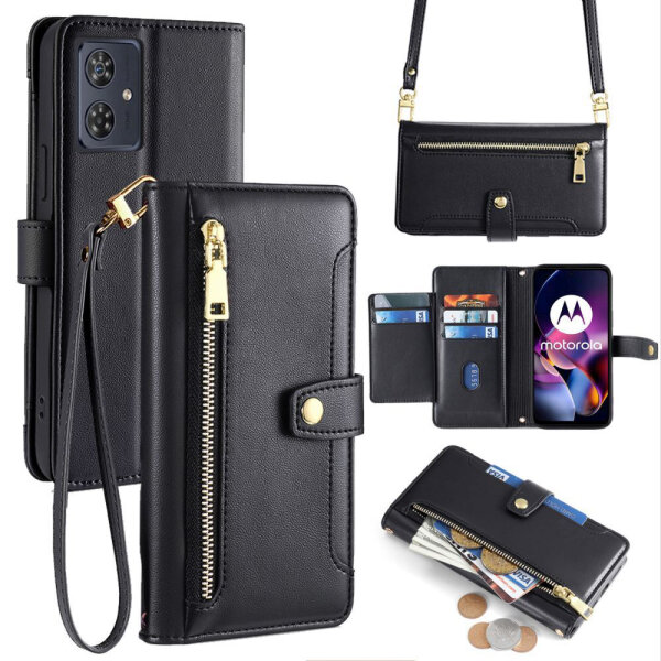 Handykette Motorola Hülle mit Band Handyhülle Kartenfächer Leder Umhängetasche Moto G54 Schwarz