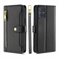 Handykette Motorola Hülle mit Band Handyhülle Kartenfächer Leder Umhängetasche Moto G54 Schwarz