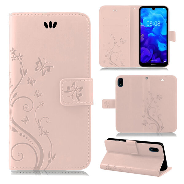 Huawei Handy Tasche Handyhülle Schutz Hülle Blumen Flip Cover Buch Case Etui Huawei Y5 2019 Rosegold