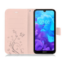 Huawei Handy Tasche Handyhülle Schutz Hülle Blumen Flip Cover Buch Case Etui Huawei Y5 2019 Rosegold