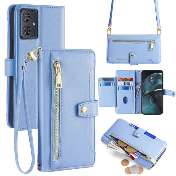 Handykette Motorola Hülle mit Band Handyhülle Kartenfächer Leder Umhängetasche Moto G14 Hellblau