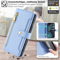Handykette Motorola Hülle mit Band Handyhülle Kartenfächer Leder Umhängetasche Moto G14 Hellblau