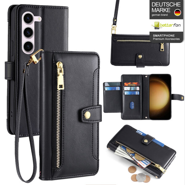 Handykette Samsung Hülle mit Band Handyhülle Kartenfächer PU Leder Umhängetasche Galaxy S23+ Schwarz