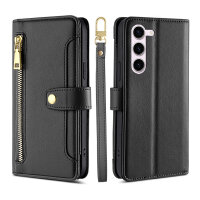Handykette Samsung Hülle mit Band Handyhülle Kartenfächer PU Leder Umhängetasche Galaxy S23+ Schwarz