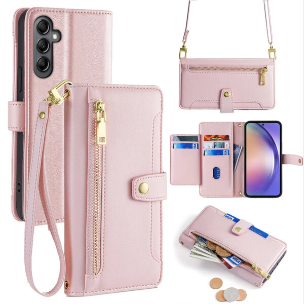 Handykette Samsung Hülle mit Band Handyhülle Kartenfächer PU Leder Umhängetasche Galaxy A34 Rosa