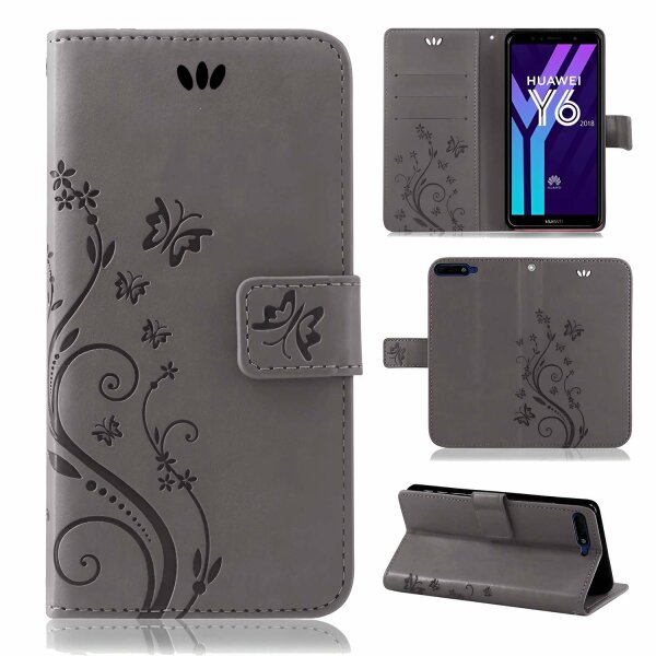 Huawei Handy Tasche Handyhülle Schutz Hülle Blumen Flip Cover Buch Case Etui Huawei Y6 2018 Grau