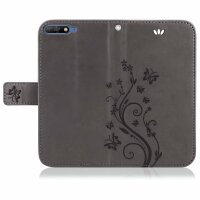 Huawei Handy Tasche Handyhülle Schutz Hülle Blumen Flip Cover Buch Case Etui Huawei Y6 2018 Grau