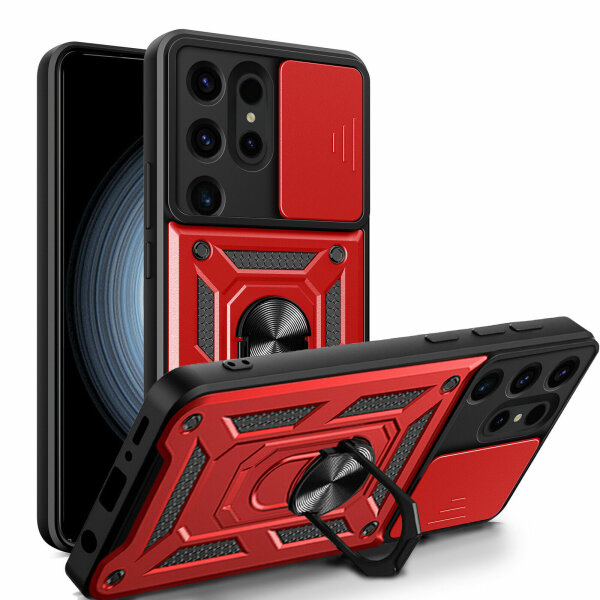 Outdoor Panzer Hülle für Samsung Galaxy S24 Ultra mit Kameraschutz Ringhalter Rot