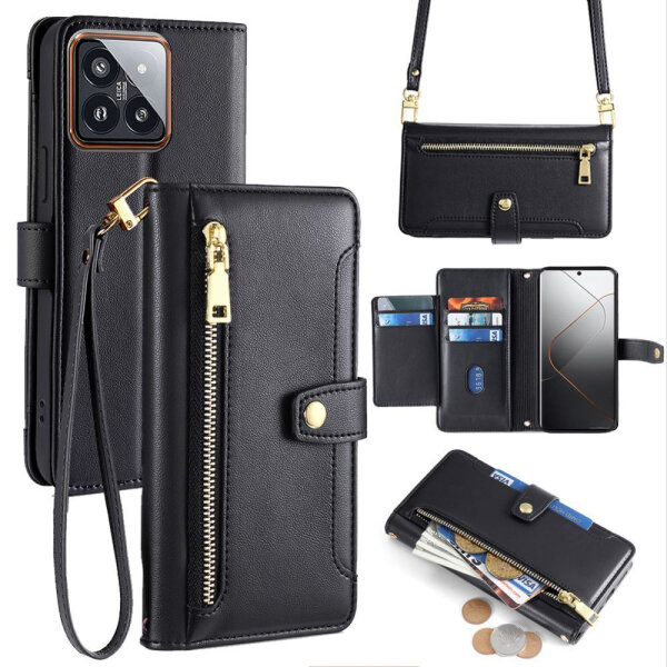 Handykette Xiaomi Hülle mit Band Handyhülle Kartenfächer PU Leder Umhängetasche 14 Pro Schwarz