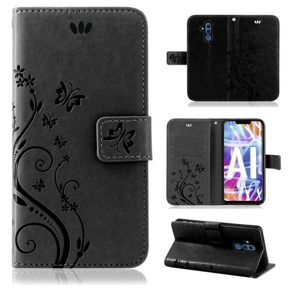 Huawei Handy Tasche Handyhülle Schutz Hülle Blumen Flip Cover Buch Case Etui Huawei Mate 20 Lite Grau