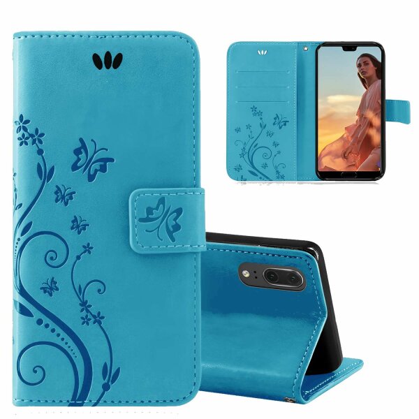 Huawei Handy Tasche Handyhülle Schutz Hülle Blumen Flip Cover Buch Case Etui Huawei P20 Blau