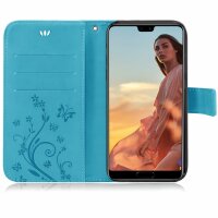 Huawei Handy Tasche Handyhülle Schutz Hülle Blumen Flip Cover Buch Case Etui Huawei P20 Blau