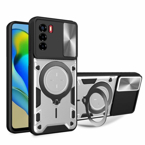 Outdoor Panzer Hülle für ZTE Handyhülle mit Slide Kameraschutz Ringhalter Bumper Blade V40 Vita Silber