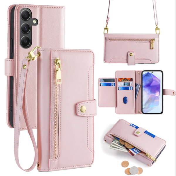 Handykette Samsung Hülle mit Band Handyhülle Kartenfächer PU Leder Umhängetasche Galaxy A55 Rosa