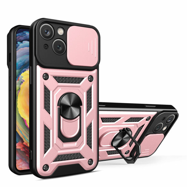 Panzer Hülle iPhone 15 /Pro /Pro Max/Plus Handyhülle mit Kameraschutz Ringhalter Rosegold iPhone 15