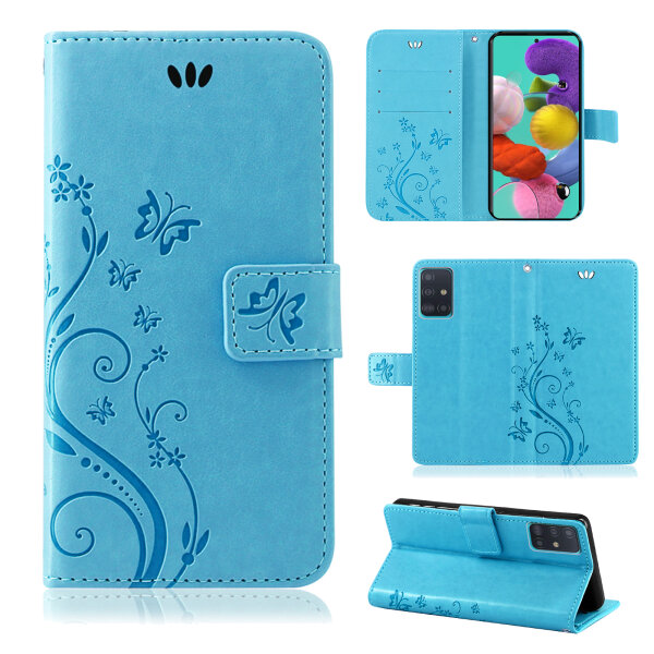 Handy Tasche für Samsung Galaxy A51 SM-A515 Hülle Case Buchhülle Klapphülle TPU Blume Blau