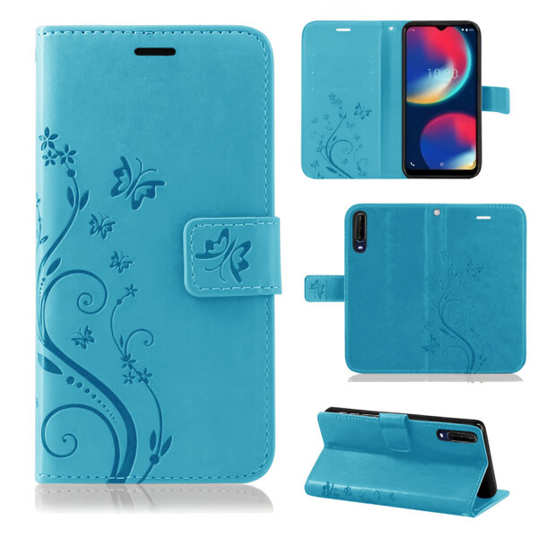 Wiko Handy Tasche Handyhülle Schutz Hülle Blumen Flip Cover Buch Case Etui Wiko View 4 / View 4 Lite Blau