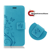 Wiko Handy Tasche Handyhülle Schutz Hülle Blumen Flip Cover Buch Case Etui Wiko View 4 / View 4 Lite Blau
