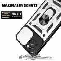 Panzer Hülle iPhone 15 /Pro /Pro Max/Plus Handyhülle mit Kameraschutz Ringhalter Silber iPhone 15 Pro Max