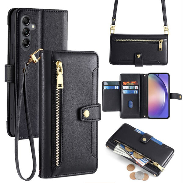 Handykette Samsung Hülle mit Band Handyhülle Kartenfächer PU Leder Umhängetasche Galaxy A54 Schwarz
