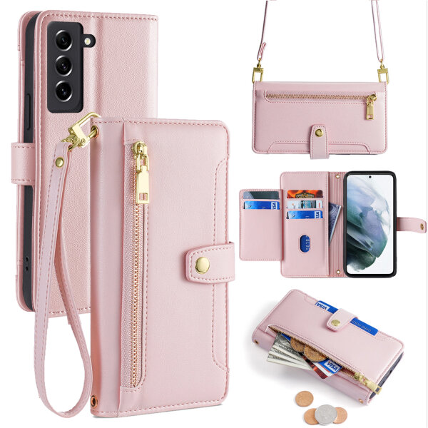 Handykette Samsung Hülle mit Band Handyhülle Kartenfächer PU Leder Umhängetasche Galaxy S21+ Rosa