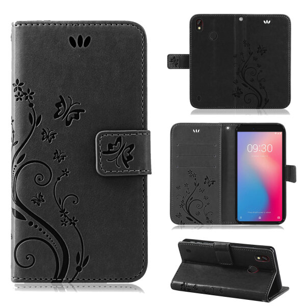 ZTE Blade A7 Vita Hülle Handy Tasche Case Schutz Schale Etui Wallet Buchhülle TP Blume Schwarz