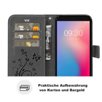 ZTE Blade A7 Vita Hülle Handy Tasche Case Schutz Schale Etui Wallet Buchhülle TP Blume Schwarz
