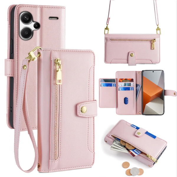 Handykette Xiaomi Hülle mit Band Handyhülle Kartenfächer PU Leder Umhängetasche Redmi Note 13 Pro+ 5G Rosa