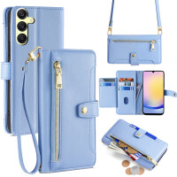 Handykette Samsung Hülle mit Band Handyhülle Kartenfächer PU Leder Umhängetasche Galaxy A25 Hellblau