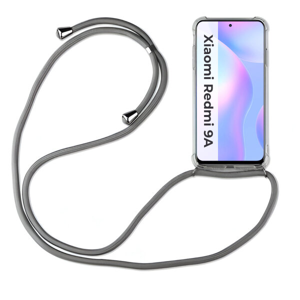 Xiaomi Hülle mit Band Schutzhülle Handykette Silikon Handy Tasche mit Schnur Neu Xiaomi Redmi 9A Grau