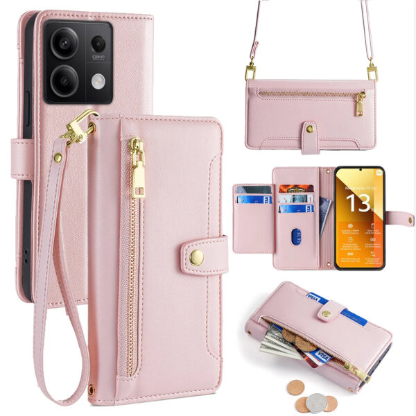 Handykette Xiaomi Hülle mit Band Handyhülle Kartenfächer PU Leder Umhängetasche Redmi Note 13 5G Rosa