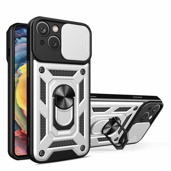 Panzer Hülle iPhone 15 /Pro /Pro Max/Plus Handyhülle mit Kameraschutz Ringhalter Silber iPhone 15
