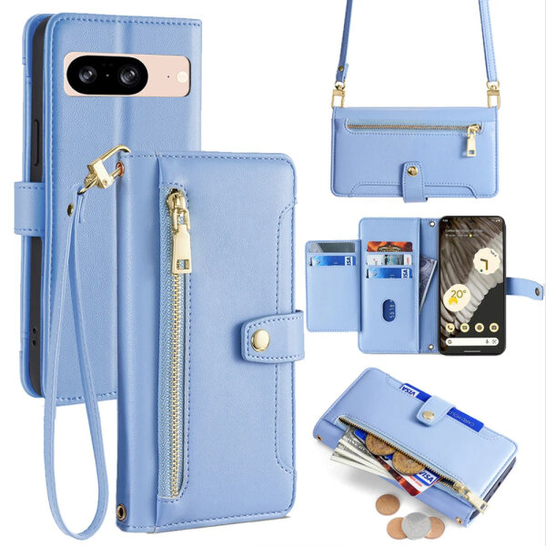 Handykette Google Hülle mit Band Handyhülle Kartenfächer PU Leder Umhängetasche Pixel 7 Pro Hellblau