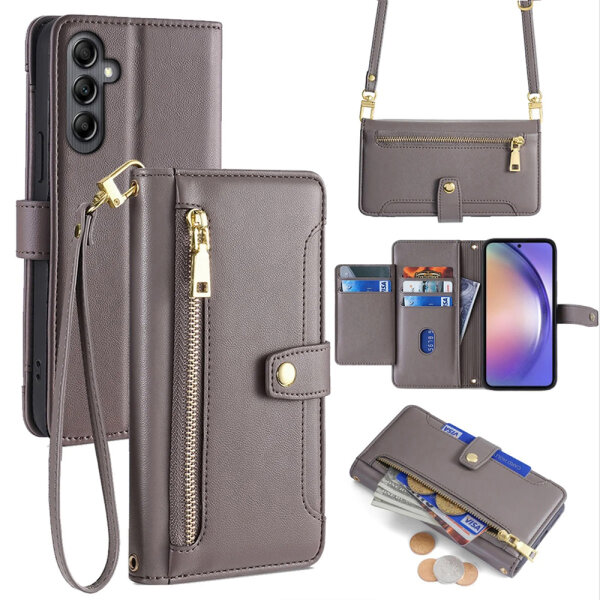 Handykette Samsung Hülle mit Band Handyhülle Kartenfächer PU Leder Umhängetasche Galaxy A54 Grau