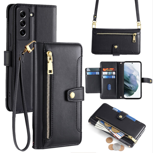 Handykette Samsung Hülle mit Band Handyhülle Kartenfächer PU Leder Umhängetasche Galaxy S21 Schwarz