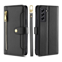Handykette Samsung Hülle mit Band Handyhülle Kartenfächer PU Leder Umhängetasche Galaxy S21 Schwarz