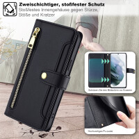 Handykette Samsung Hülle mit Band Handyhülle Kartenfächer PU Leder Umhängetasche Galaxy S21 Schwarz