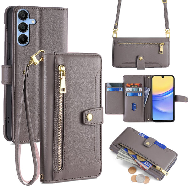 Handykette Samsung Hülle mit Band Handyhülle Kartenfächer PU Leder Umhängetasche Galaxy A15 Grau