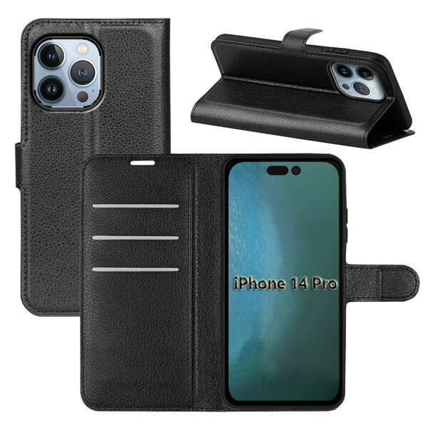 Handyhülle für Apple iPhone 14 Pro - Klapphülle PU-Leder Schwarz