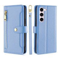 Handykette Samsung Hülle mit Band Handyhülle Kartenfächer PU Leder Umhängetasche Galaxy S23+ Hellblau