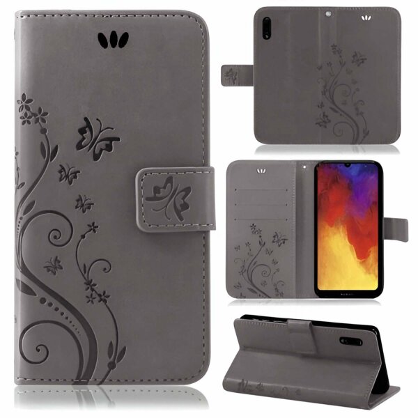 Huawei Handy Tasche Handyhülle Schutz Hülle Blumen Flip Cover Buch Case Etui Huawei Y6 2019 Grau