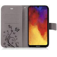Huawei Handy Tasche Handyhülle Schutz Hülle Blumen Flip Cover Buch Case Etui Huawei Y6 2019 Grau