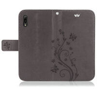 Huawei Handy Tasche Handyhülle Schutz Hülle Blumen Flip Cover Buch Case Etui Huawei Y6 2019 Grau