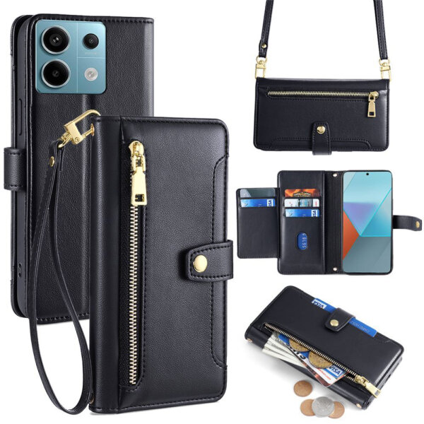 Handykette Xiaomi Hülle mit Band Handyhülle Kartenfächer PU Leder Umhängetasche Redmi Note 13 Pro 5G Schwarz