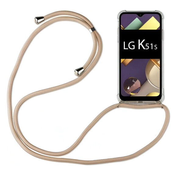 Handy Hülle mit Band Schutzhülle Handykette Seil Silikon Handy Tasche mit Schnur LG K51S Beige / Braun