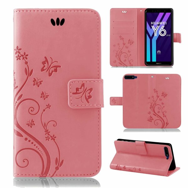 Huawei Handy Tasche Handyhülle Schutz Hülle Blumen Flip Cover Buch Case Etui Huawei Y6 2018 Rosa
