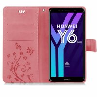 Huawei Handy Tasche Handyhülle Schutz Hülle Blumen Flip Cover Buch Case Etui Huawei Y6 2018 Rosa