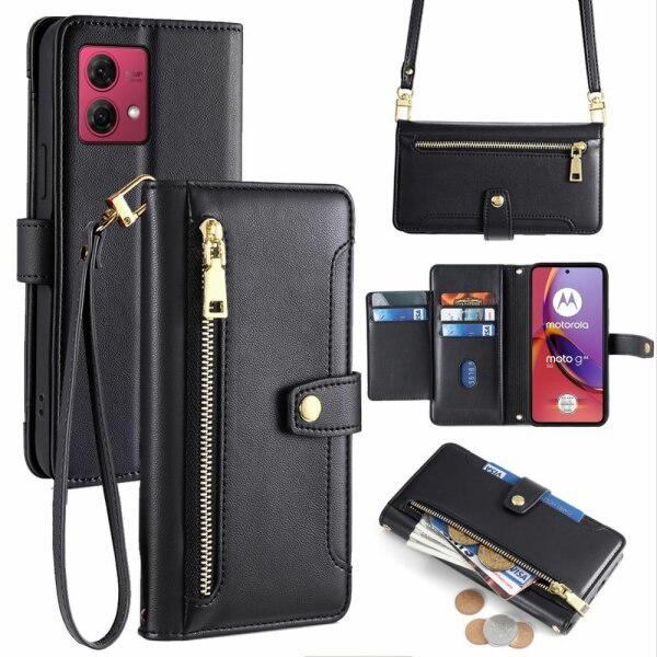 Handykette Motorola Hülle mit Band Handyhülle Kartenfächer Leder Umhängetasche Moto G84 Schwarz