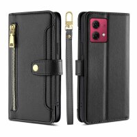 Handykette Motorola Hülle mit Band Handyhülle Kartenfächer Leder Umhängetasche Moto G84 Schwarz