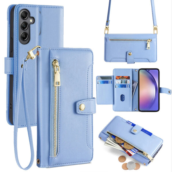 Handykette Samsung Hülle mit Band Handyhülle Kartenfächer PU Leder Umhängetasche Galaxy A54 Hellblau